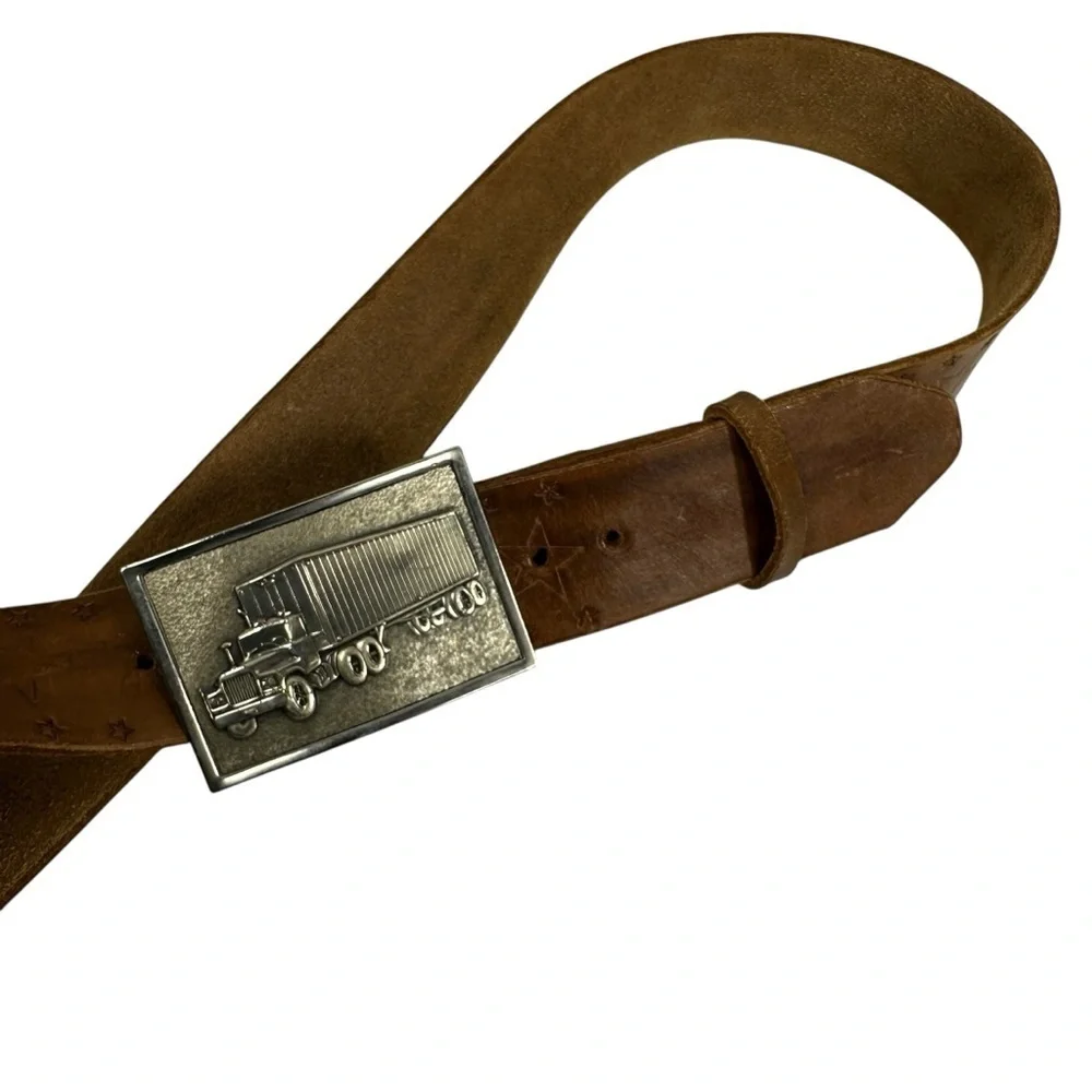 Vintage Brown Star Embossed Leather Belt with Semi Truck Metal Buckle